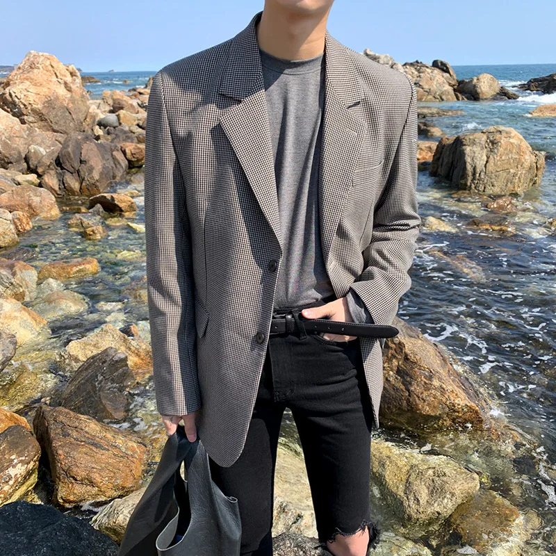 

2021 Retro spring and autumn single loose thousand bird suit fashion men's single breasted suit jacket