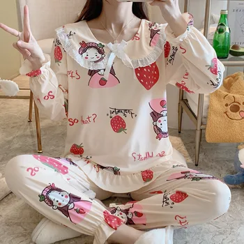 

Autumn New Women's Pajamas Femme Cute Cartoon Doll Collar Pyjamas Set Woman Comfortable Ladies Pjs Suit Leisure Two-Piece Set