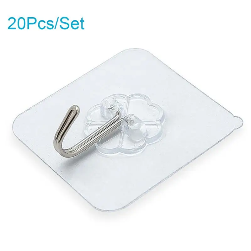 

20Pcs Transparent Wall Hooks Waterproof Oilproof Self Adhesive Hooks Reusable Heavy Duty Wall Hanging Hook For Kitchen Bathroom