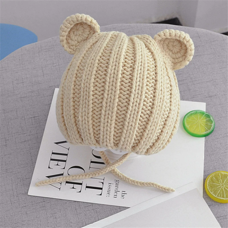 Winter Hat Newbron Baby Winter Hats For Kids Autumn Toddler Infant Knitted Baby Hat Photography Props bonnet Ear Cap Girl Boys - Цвет: Бежевый