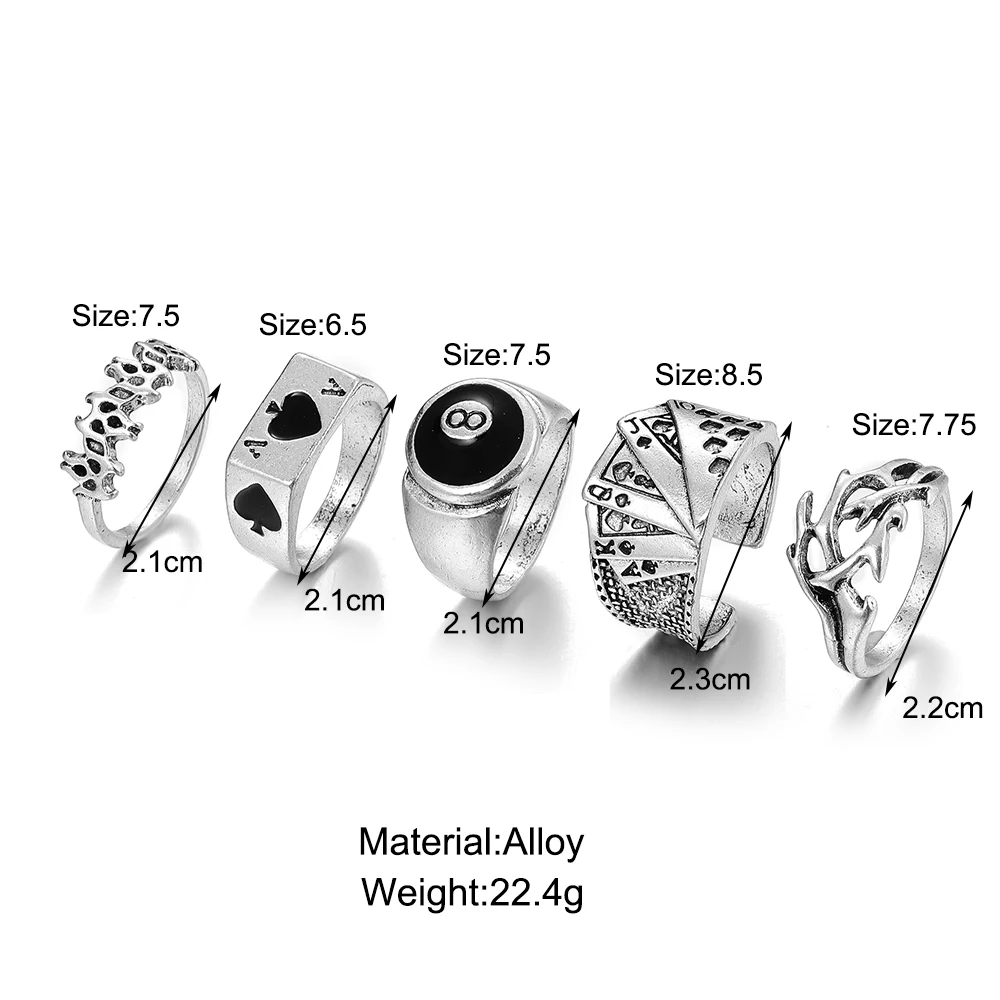 Punk Gothic Heart Ring Set for Women Black Dice Vintage Spades Ace Silver Plated Retro Rhinestone Charm Billiards Finger Jewelry