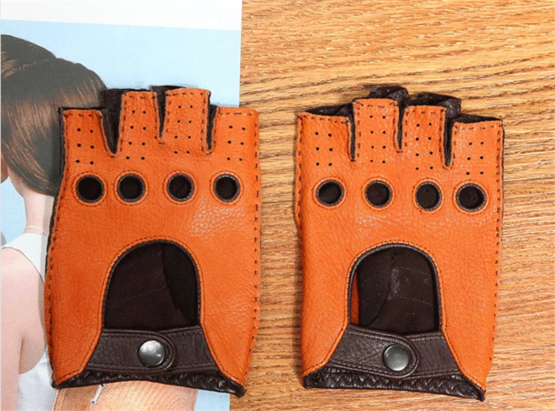Genuine Leather Men's Semi Finger Gloves Anti-Slip Driving Breathable Fitness High Quality Deerskin Gloves Male D0132-2M