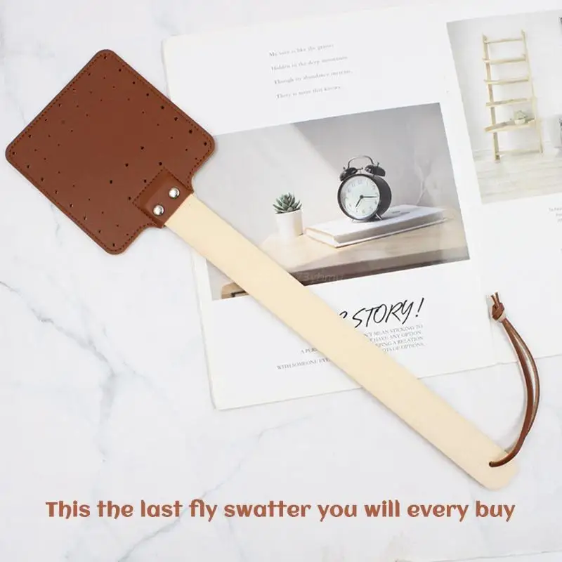 Leather Fly Swatter Heavy Duty Insect Mosquito Control Rustic Design Long Wooden Handle