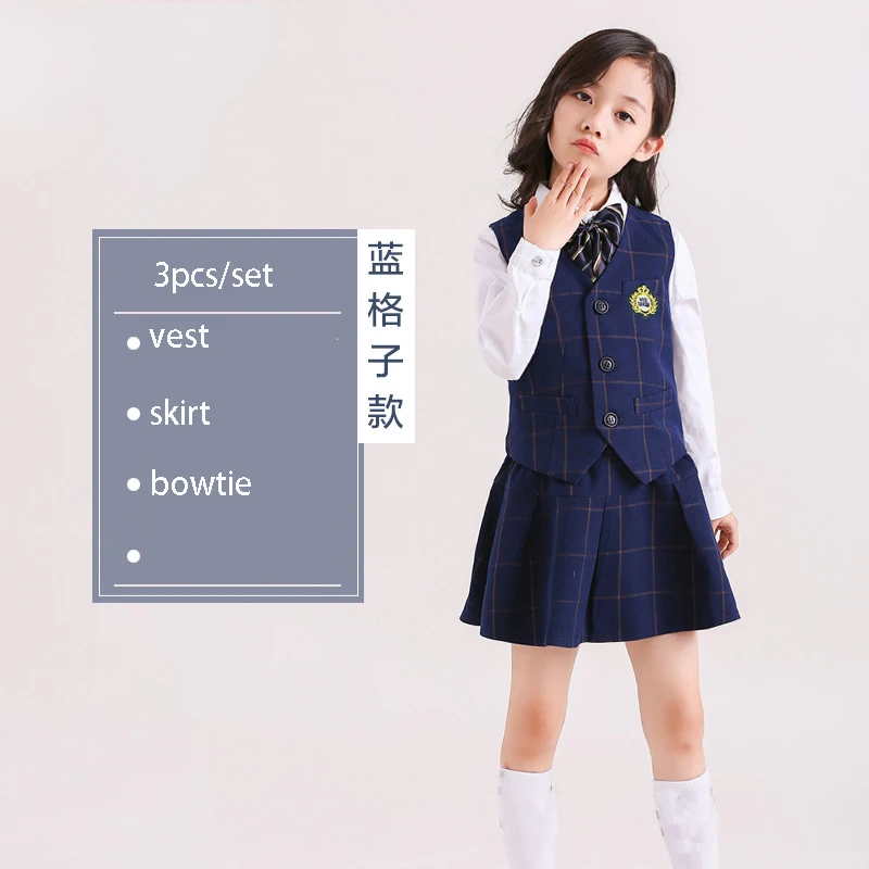 girls 3pcs blue Детский комплект с жилетом в школьном стиле; сезон весна-осень; униформа для начальной школы; жилет для мальчиков и девочек; брюки; рубашки с бантом - Цвет: girls 3pcs blue