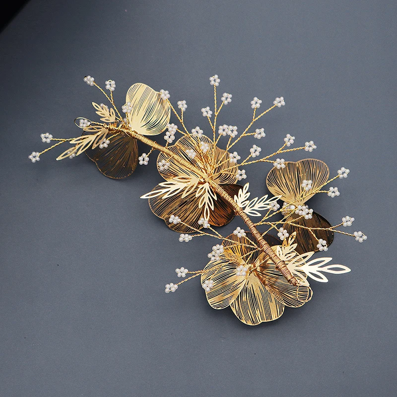 Wedding jewelry golden copper petal hair band bride wedding headdress millet beads handmade hair band dress accessories