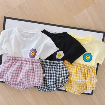 

2020 Summer Baby Girls Cotton Short Sleeve Smiling Face T-shirt Tops + PP Shorts Children Kids Clothing Sets Boys 2Pcs Suits