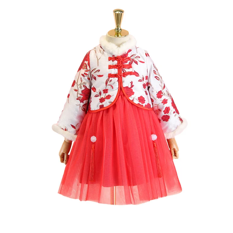 Зимняя плотная Новогодняя одежда; коллекция года; праздничное красное платье в китайском стиле с большим цветком