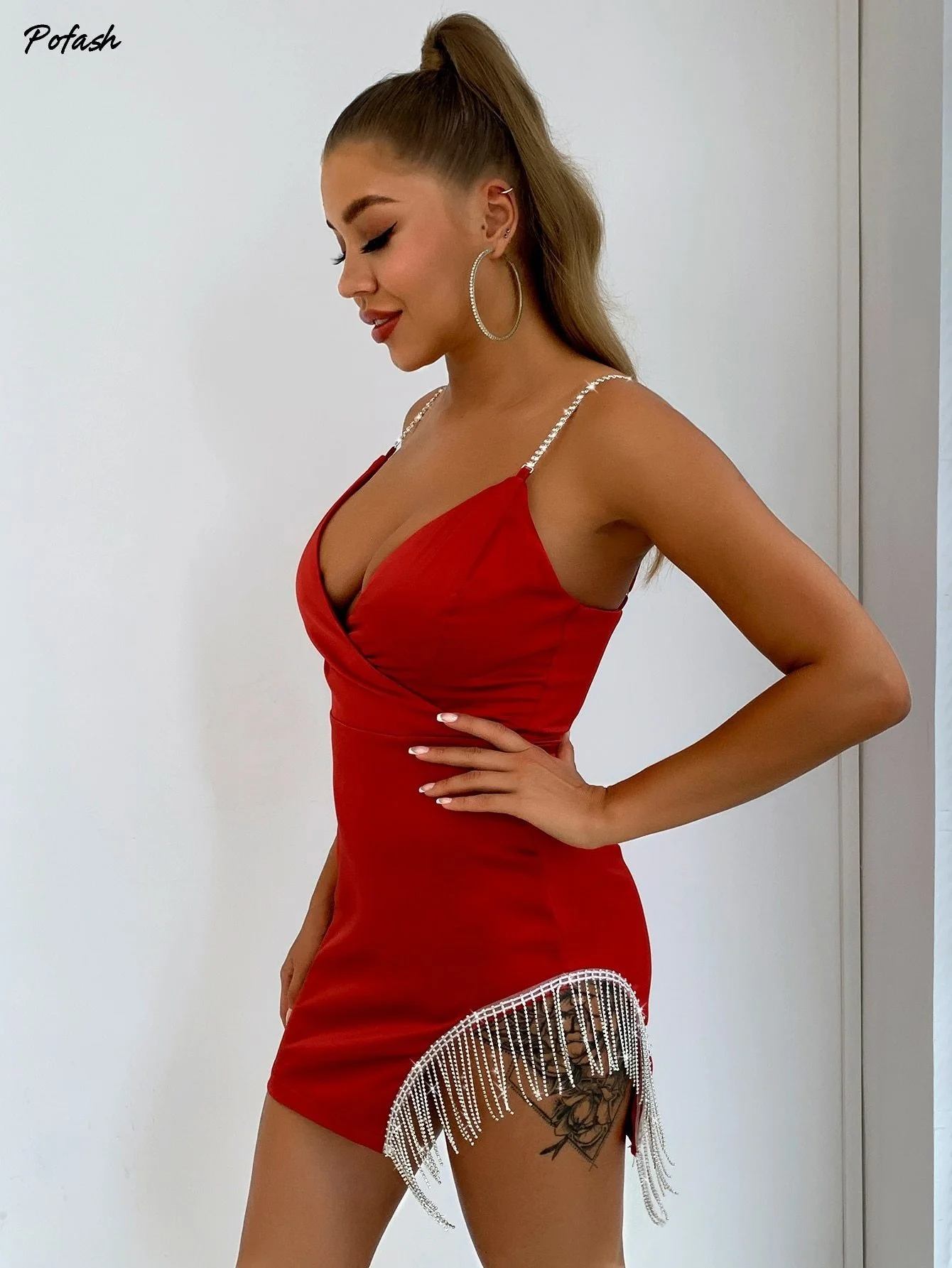 Joyfunear Fringe Hem Rhinestone Strap Cami Dress