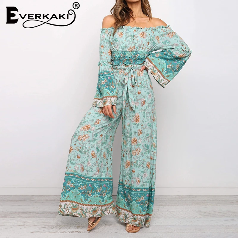 

Everkaki Boho Print 2 Pieces Suits Sets Women Summer Gypsy Ladies Ethnic Top and Pants Suits Sets Female 2020 Autumn New Fashion