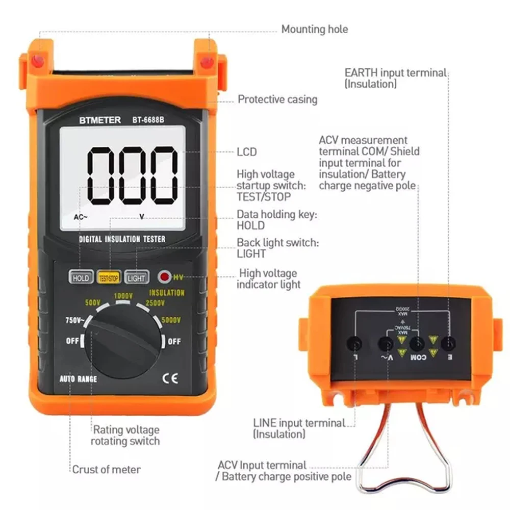 BTMETER BT 6688B цифровой тестер сопротивления изоляции испытательное напряжение 5000 в