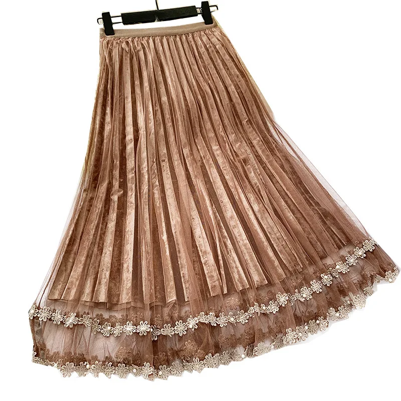 Женская коллекция осень-зима, новая кружевная прошитая юбка, эластичная талия, плиссированная юбка, Бархатная Сетка, большие длинные юбки, Falda ML355