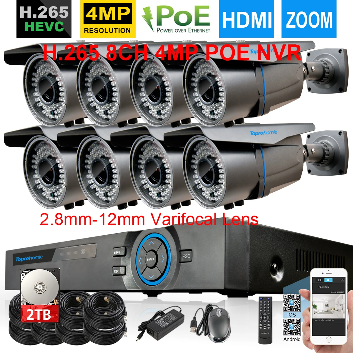 

TOPROHOMIE H.265+ 8CH NVR System 5MP POE NVR kit 4MP IP66 Waterproof 2.8mm-12mm zoom POE IP Camera 8CH Video Surveillance kit 4T