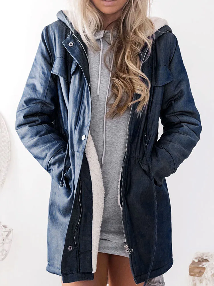 Jaycosin Fashion Women Winter Warm Outwear Denim Jacket Hooded Coat Stylish Long Sleeve Comfortable Pockets Outwear Overcoat22#4