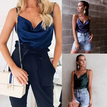 

Sexy Women V-Neck Silk Silky Cami Tank Chiffon Blouse Top Ladies Fashion Sleeveless Vest Tops Crop Top Backless Camis