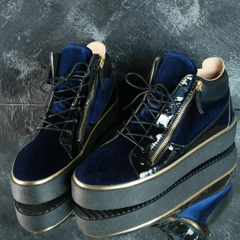 Factory Royal Blue Velvet Patchwork Casual Shoes High Top Thick Sole Male Double Zipper Sneakers Flat Leisure Trainer Shoes