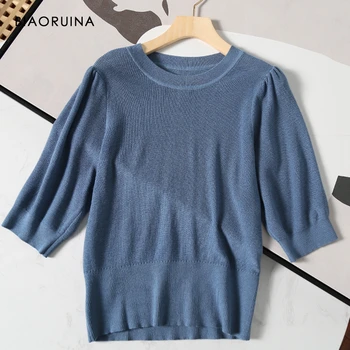 

BIAORUINA Women's Minimalist Wild Base Solid Color Wool Blend Knit Pullover Round Neck Half Sleeve Autumn Casual Sweater
