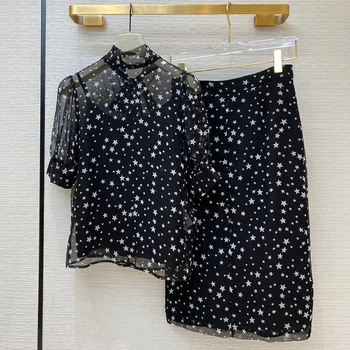 

Elegant Women Set 2 piece Set Women Skirt Top Summer Short Sleeve Blouse And Long Split Skirt Suit