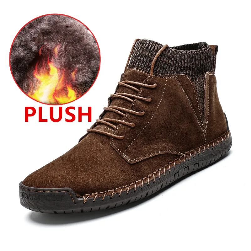New Winter High Quality Men Boots Warm Plush Snow Boots Leather Work Shoes Men's Fashion Footwear Rubber Ankle Boots Size 38-48 - Цвет: Plush Brown
