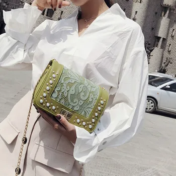 

Pearl fashion small bag 2020 new small square bag lace wild women's bag chain rivet shoulder shoulder women's bag cross-body bag
