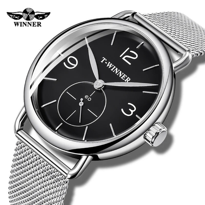 Fashion WINNER Mens Mechanical Watches Black Dial Second Hand Independent Design Genuine Mesh Waterproof Wristwatches