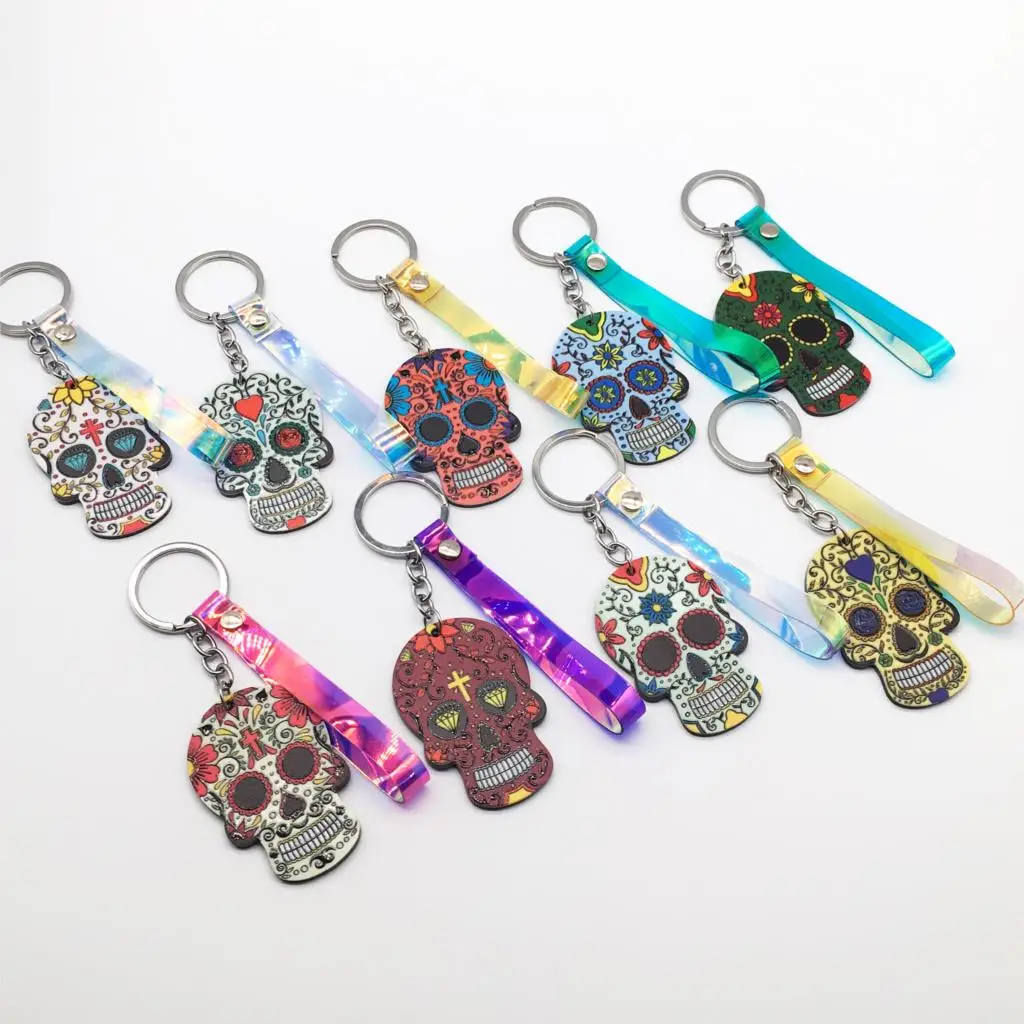 

Keychain Calavera Sweet Whimsical Skull Key chain Keyring Relief Sugar Skull KeyChain Custom Laser Dazzle Rope Key Ring 19 Color