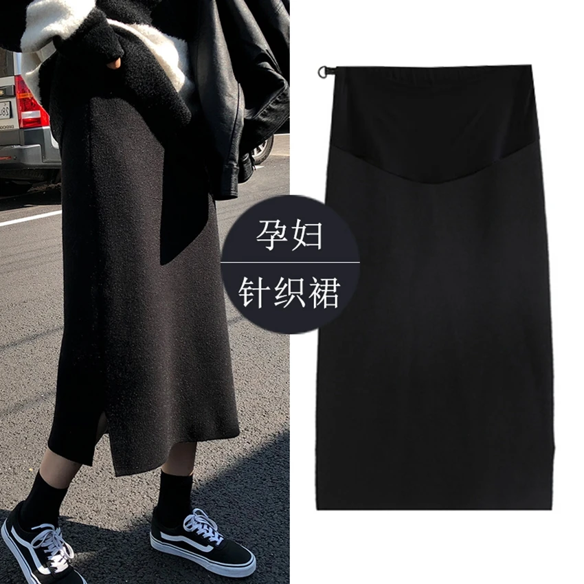 Pregnant women's autumn and winter knitted bag hip skirt high waist belly lift skirt long and thin one-step during pregnan