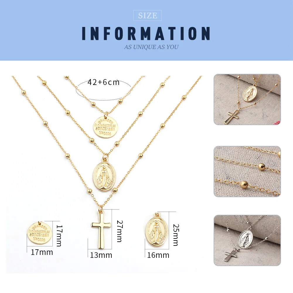 FINE4U N269 Multi-Layer Cross Virgin Mary Pendant Necklaces Stainless Steel Beads Necklace Crucifix Rosary Jewelry
