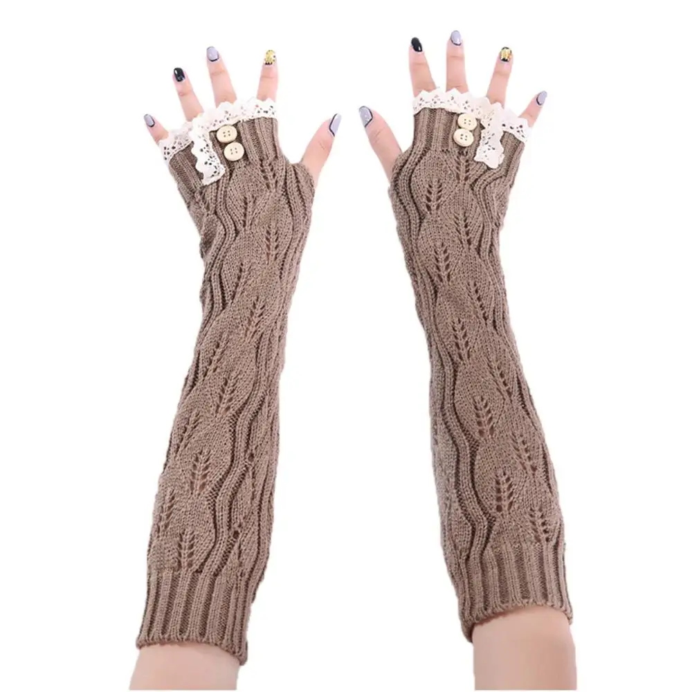 Модные женские зимние теплые однотонные вязаные шерстяные перчатки для рук, вязаные длинные перчатки без пальцев, женские перчатки - Цвет: Khaki