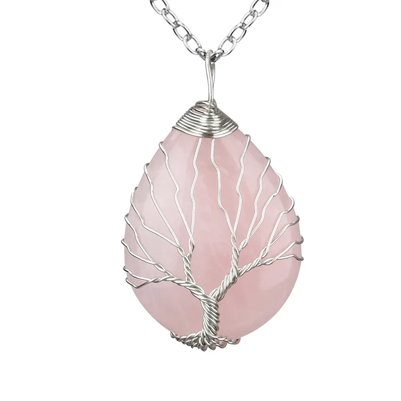 Rose Quartz-B Дерево жизни капли воды ожерелье и подвесной рейки натуральный драгоценный камень античный медный провод обертывание розовый кварц оникс опал Чакра Ювелирные изделия - Окраска металла: Rose Quartz-B