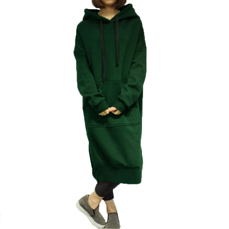 Повседневный весенне-осенний женский длинный пуловер флисовый свитшот большого размера с капюшоном платье однотонные толстовки 6 цветов над размерами Топы - Цвет: Зеленый