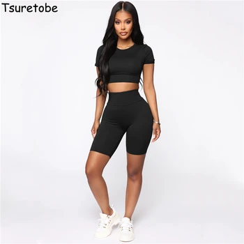 

Tsuretobe 2020 Casual 2 Piece Set Women Tracksuit Bandage Crop Top And Biker Shorts Suits Summer Matching Sets Sportswear Female