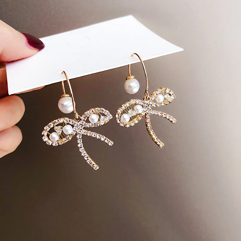 

Crystal Trendy Bowknot Women Dangle Earrings New Butterfly-knotted Crystal Pearl Sweet Earrings Bohemian Earrings