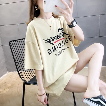 

Real shot 2020 summer cotton loose printed letters in the long section of large size women's round neck short sleeve t-shirt