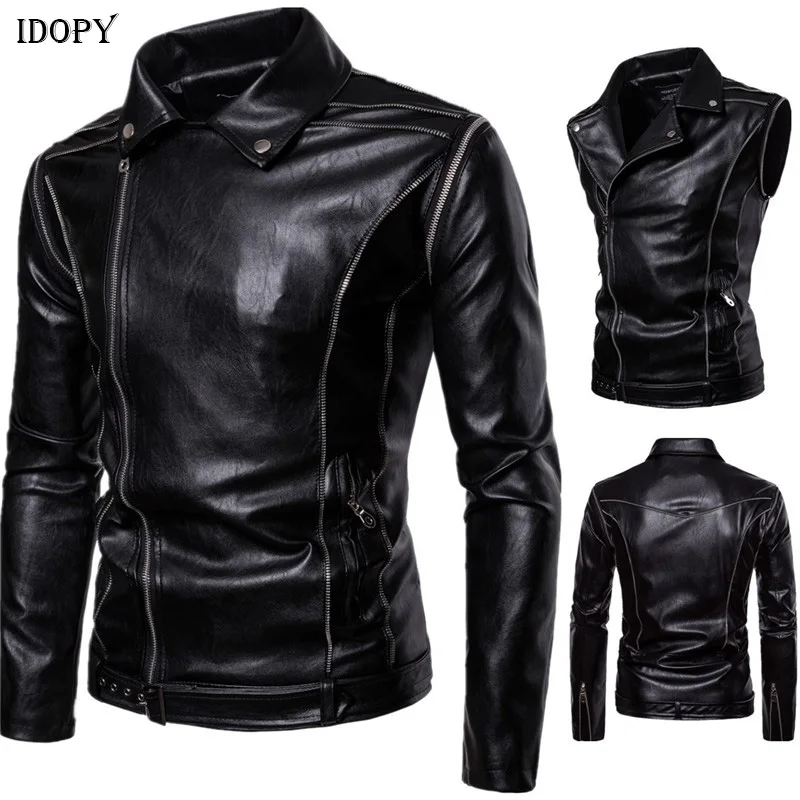 

Idopy Faux Leather Jacket Men Multi Zippers Motorcycle Biker PU Soft Punk Bomber Jacket and Coat With Detachable Sleeves