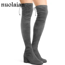 Женские зимние сапоги выше колена из искусственной замши женские черные замшевые кожаные сапоги женская обувь на высоком каблуке 7,5 см высокие сапоги до бедра