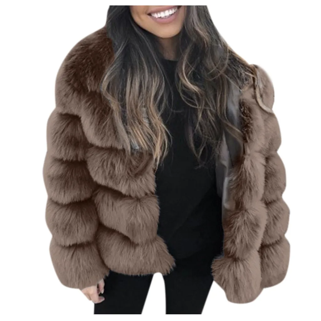Зимнее плотное теплое пальто из искусственного меха для женщин; большие размеры 3XL; куртка с капюшоном и длинным рукавом из искусственного лисьего меха; Роскошные зимние меховые пальто - Цвет: Коричневый