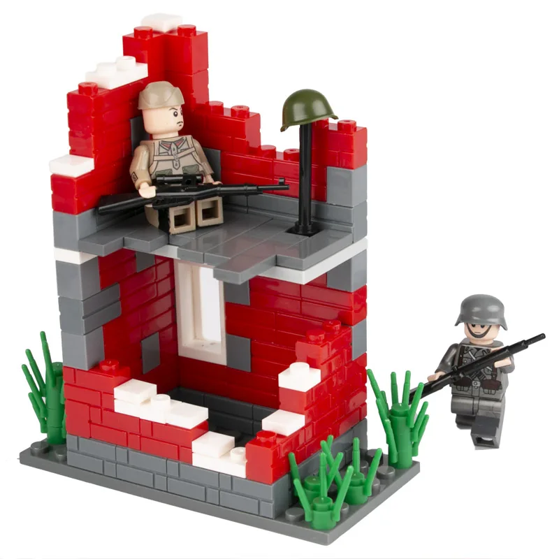 

MOC WW2 Military Weapon Army Soldiers Accessories Building Blocks Double Floor Blockhouse Ruins Oil drum wall Parts Bricks Kids