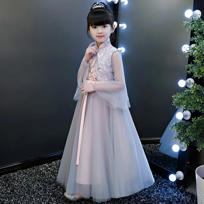 Детское платье принцессы для девочек с длинным рукавом костюм Guzheng в китайском стиле Пышное Платье из пряжи с цветочным рисунком для мальчиков и девочек, держащих букет невесты; платье для свадебной церемонии, платье с кружевным