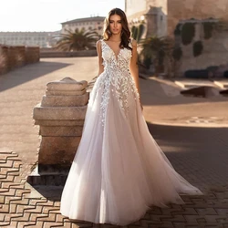 Fivsole Beach Tulle Wedding Dress 2021 Charming 3D Flowers Sleeveless V-neck Boho A-Line Princess Bride Gowns Vestido De Novia