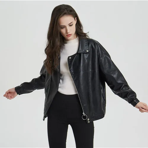 

Spring Black Loose Pu Leather Jacket Women Motorcycle Coat Streetwaer Zipper Punk Biker Leather Jacket Casual Outwear