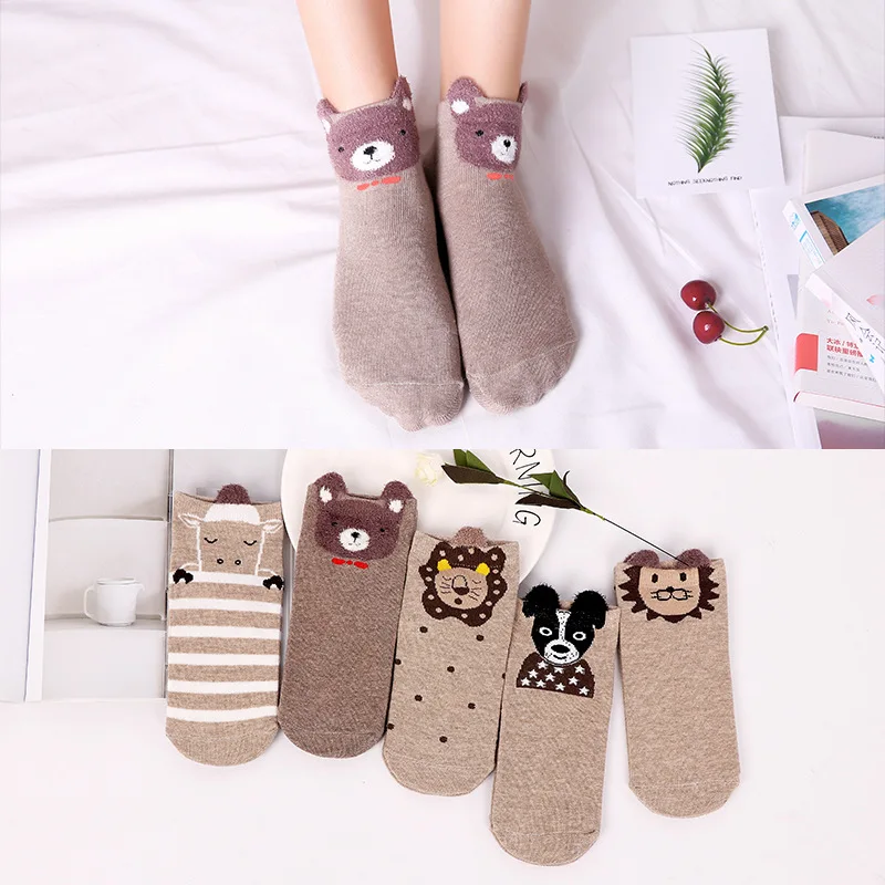 

5 Pairs/lot Women Socks Sneakers Cartoon Cat Dog Cute Panda Bear Horse Penguin Owl Animal Socks Women Pink White Greykawaii