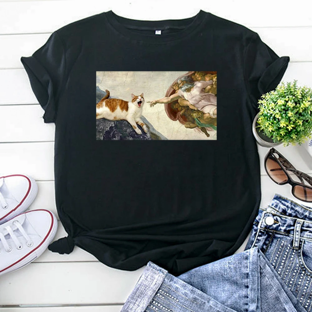 Funny Cute Cat Cartoon Image Printing T-Shirt For Women Harajuku Gothic Woman Tshirt High Quality Punk Style Women Clothing