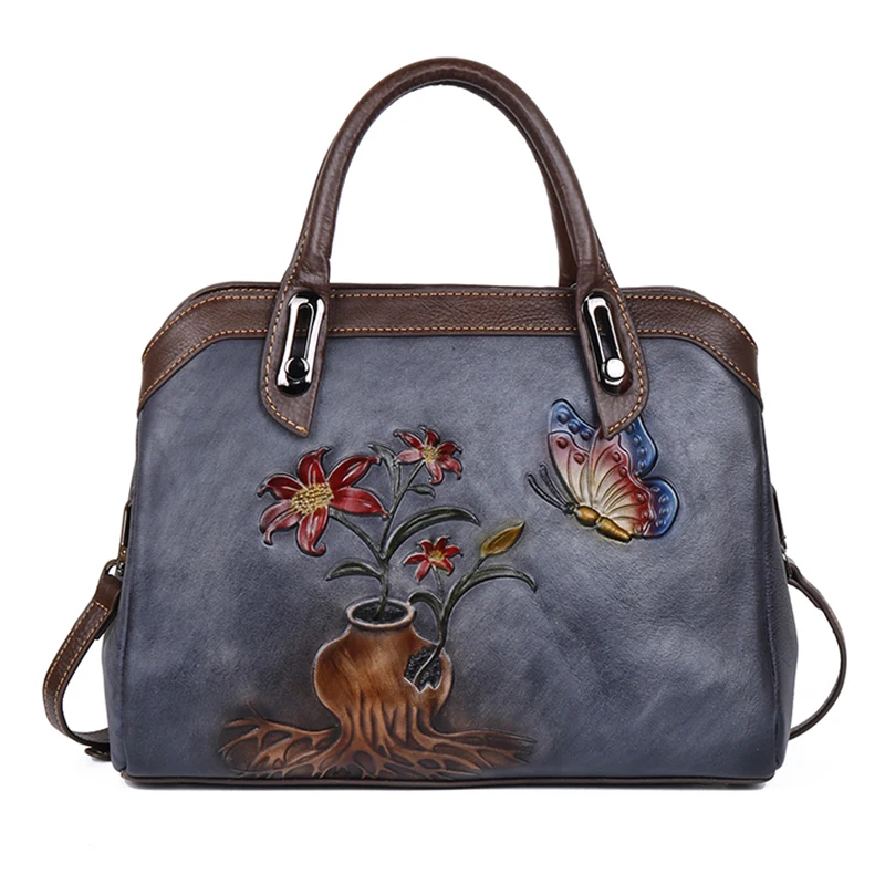 Женская Высококачественная сумка-мессенджер через плечо, Женская роскошная винтажная Сумка-тоут с цветочным принтом, натуральная тисненая кожаная сумка - Цвет: Black