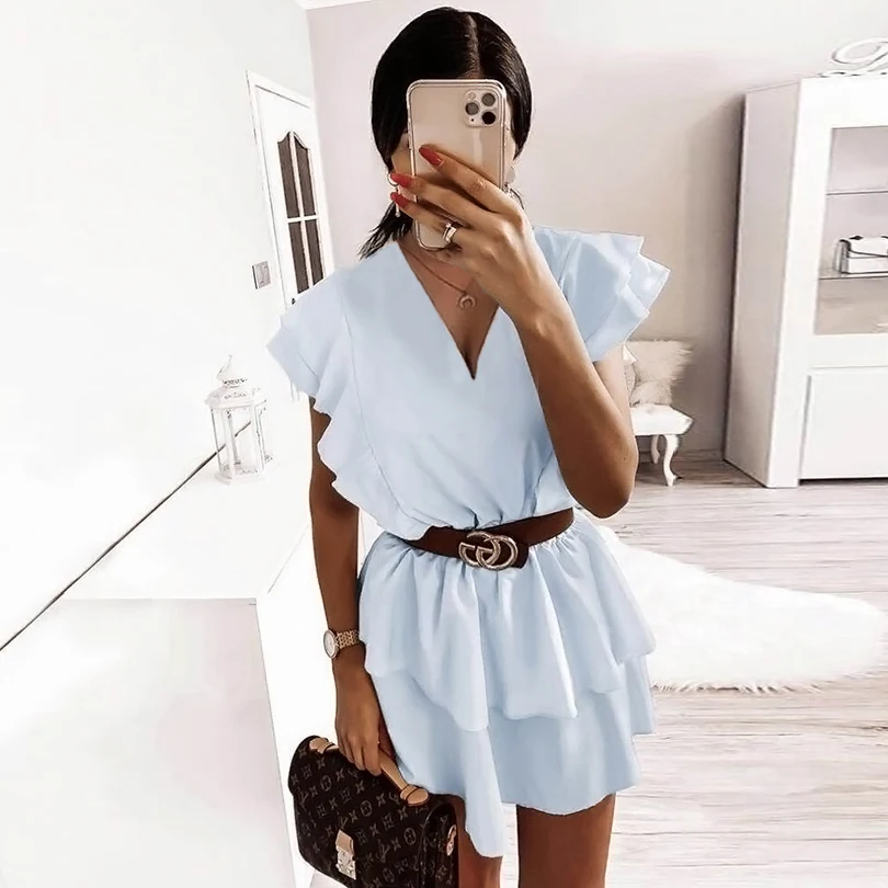 2020 summer new dress female sense V-neck sleeveless double layer stitching solid color three colors available | Женская одежда