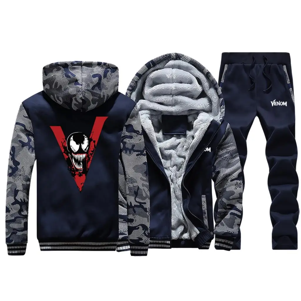 Dark Blue Лидер продаж, зимняя спортивная мужская камуфляжная куртка с капюшоном с героями мультфильмов Marvel, куртка+ штаны, комплект из 2 предметов - Цвет: Dark Blue