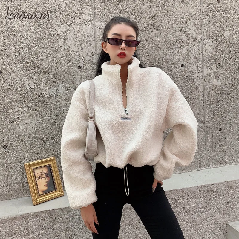 

Women Fleece Solid Fuzzy Crop Top Casual Loose Black White Grey Sweatshirts Drawstring Hem Faux Fur Zip Front Baggy Pullovers