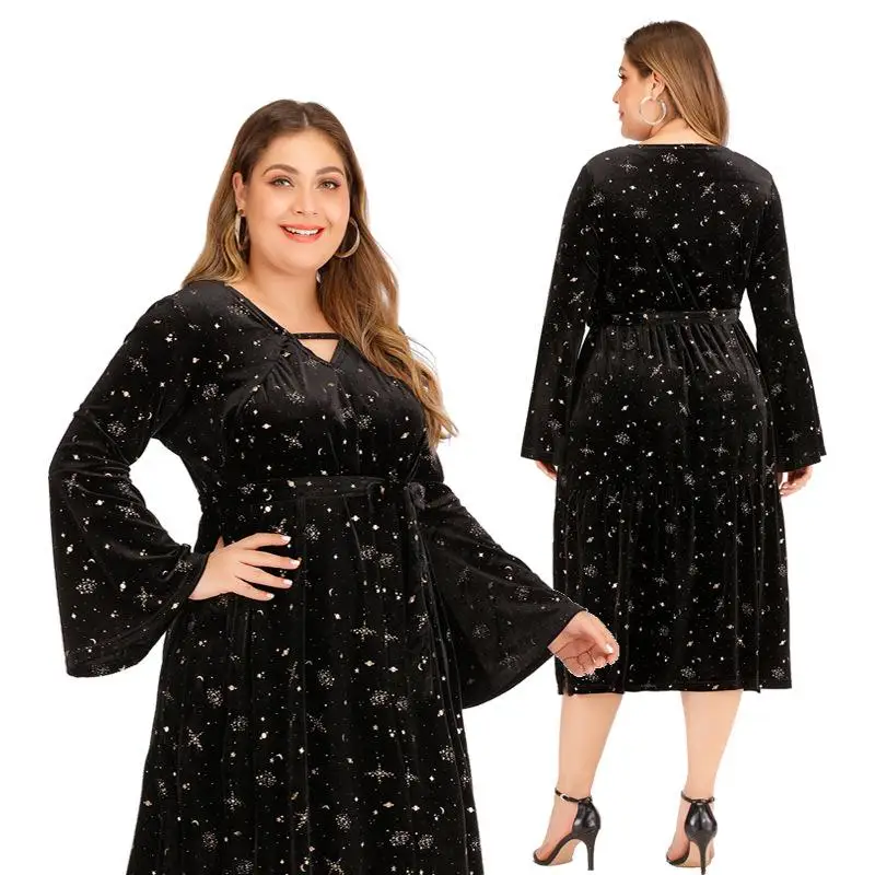 5xl элегантное бархатное платье А-силуэта Вечерние черные длинные платья повседневные Большие размеры женское платье с расклешенными рукавами большие размеры зимние платья