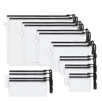 

18 Pack 8 Sizes Zipper Mesh Pouch, Waterproof Zipper File Bags Document Pouch Multipurpose Travel Bags(Black)