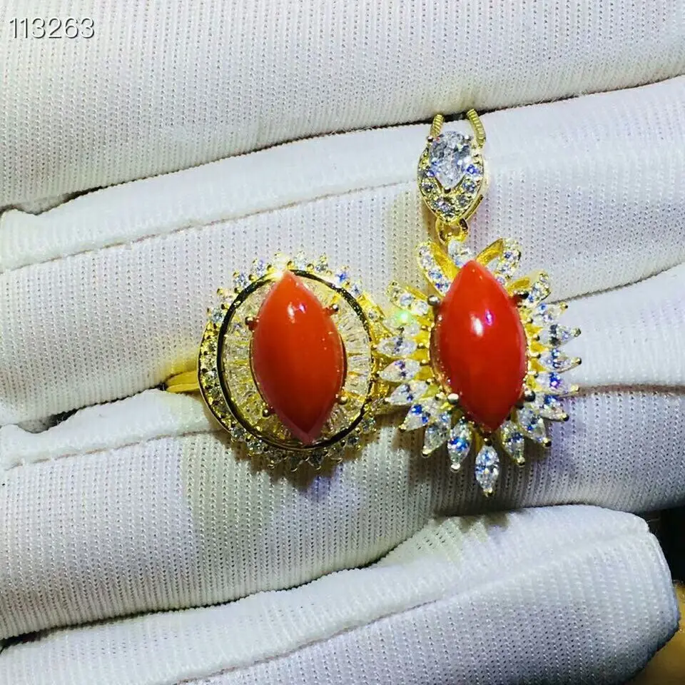 

MeiBaPJ Natural Red Coral Jewelry Set 925 Sterling Silver Ring Pendant Necklace 2 Piece Suits Fine Wedding Jewelry for Women