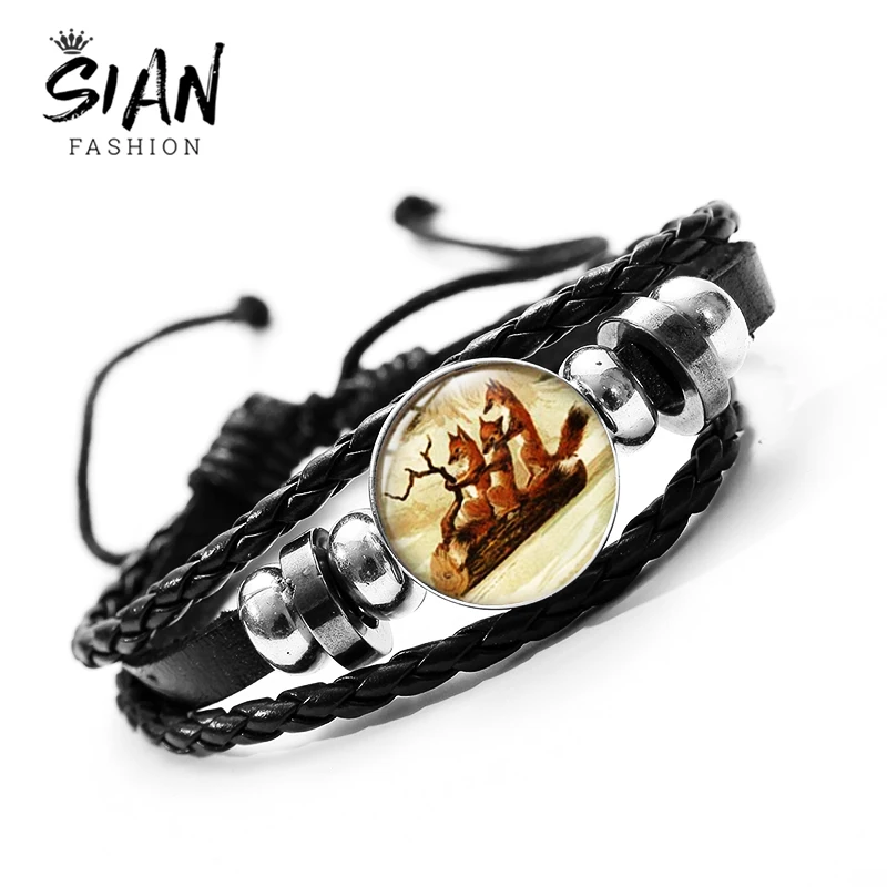 SIAN Cartoon Three Fox In The Forest Bracelet Red Funny Photo Cabochon Handmade Leather Braided Bracelets Wristband for Kids | Украшения и